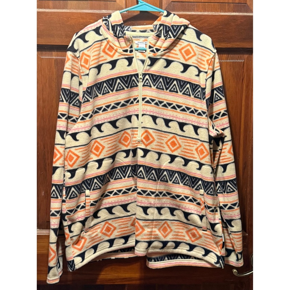 O'Neill Mens XXL Fleece Quarter Zip Hoodie Geometric Tribal Print Orange Navy